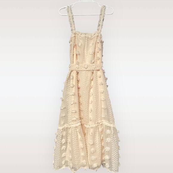 A Calin Maxi Dress Womens Small Cream Swiss Dot Pom-Pom Boho Feminine Elegant - Picture 2 of 11